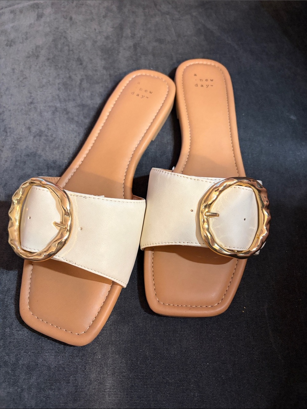 a new day Cream Slide Sandals with Gold Buckle Accent NWOT